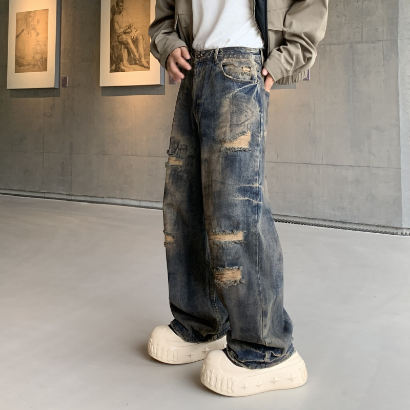 Szakadt farmernadrág részletekkel, utcai stílus, egyenes szabás, hosszú, padlót érő, pamut-denim