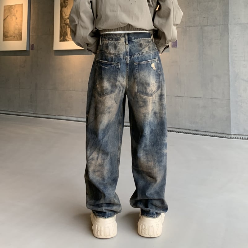 Szakadt farmernadrág részletekkel, utcai stílus, egyenes szabás, hosszú, padlót érő, pamut-denim