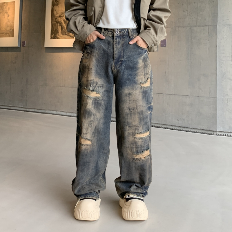 Szakadt farmernadrág részletekkel, utcai stílus, egyenes szabás, hosszú, padlót érő, pamut-denim