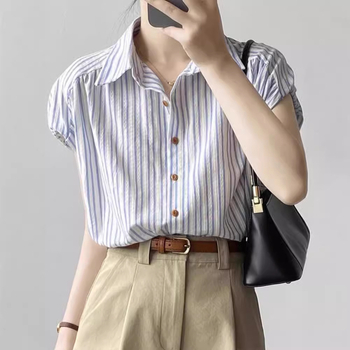 Bluza din bumbac cu dungi, mânecă scurtă, guler polo, croială lejeră, 95% bumbac