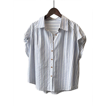 Bluza din bumbac cu dungi, mânecă scurtă, guler polo, croială lejeră, 95% bumbac