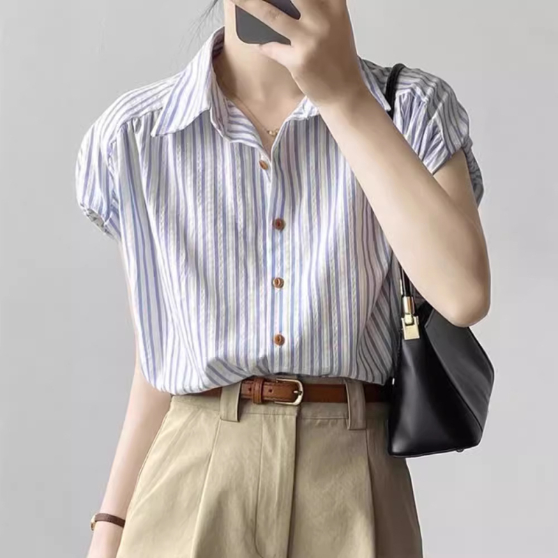 Bluza din bumbac cu dungi, mânecă scurtă, guler polo, croială lejeră, 95% bumbac