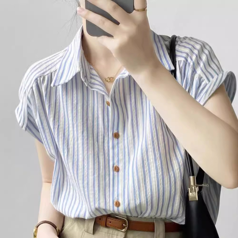 Bluza din bumbac cu dungi, mânecă scurtă, guler polo, croială lejeră, 95% bumbac