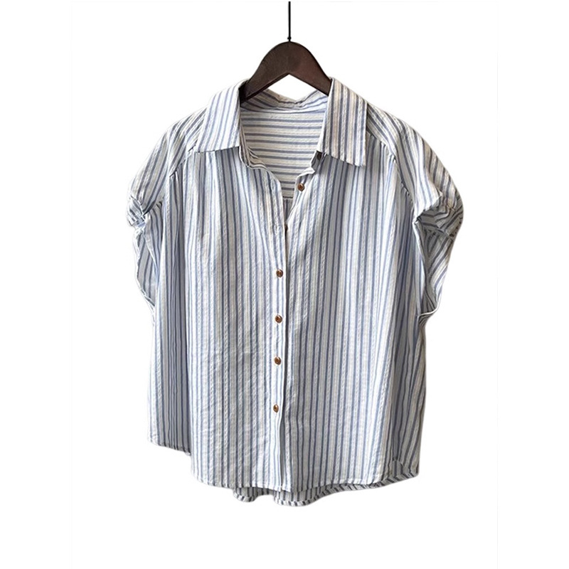 Bluza din bumbac cu dungi, mânecă scurtă, guler polo, croială lejeră, 95% bumbac