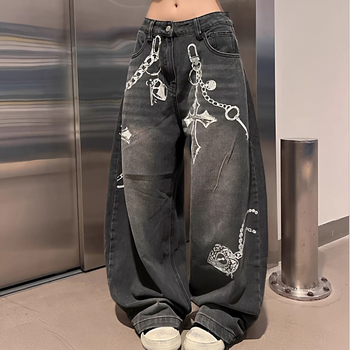 Láncos mintás farmernadrág, retro Hongkong-stílus, egyenes szabás, középmagas derék, poliészter-keverék