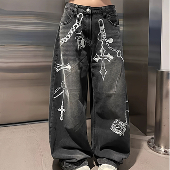 Láncos mintás farmernadrág, retro Hongkong-stílus, egyenes szabás, középmagas derék, poliészter-keverék