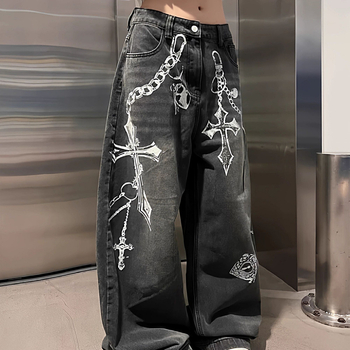 Láncos mintás farmernadrág, retro Hongkong-stílus, egyenes szabás, középmagas derék, poliészter-keverék
