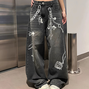 Láncos mintás farmernadrág, retro Hongkong-stílus, egyenes szabás, középmagas derék, poliészter-keverék