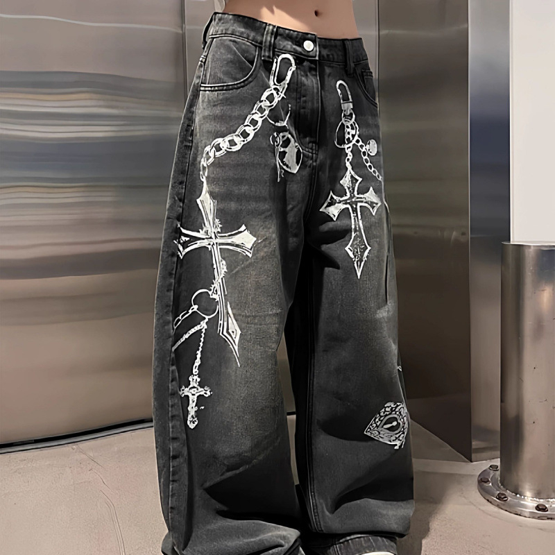 Láncos mintás farmernadrág, retro Hongkong-stílus, egyenes szabás, középmagas derék, poliészter-keverék