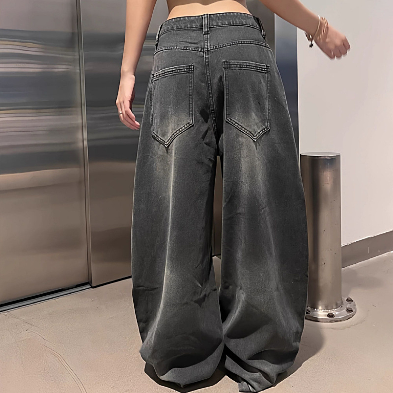 Láncos mintás farmernadrág, retro Hongkong-stílus, egyenes szabás, középmagas derék, poliészter-keverék