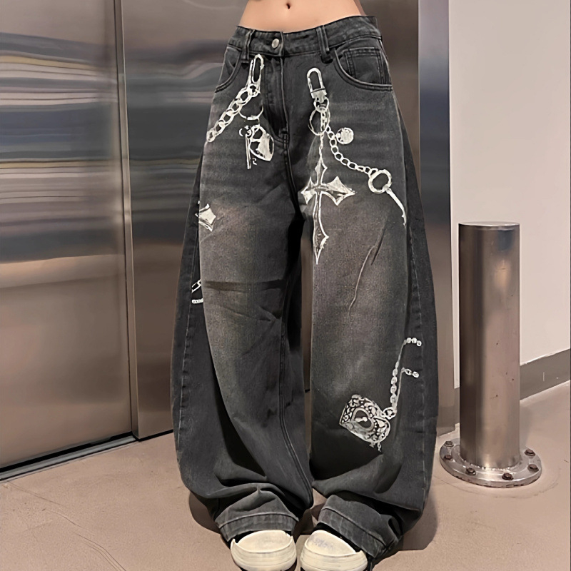 Láncos mintás farmernadrág, retro Hongkong-stílus, egyenes szabás, középmagas derék, poliészter-keverék