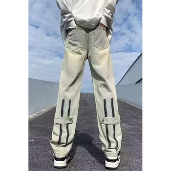 Blugi, stil retro, croială dreaptă, talie medie, prelucrare manuală, țesătură chenille