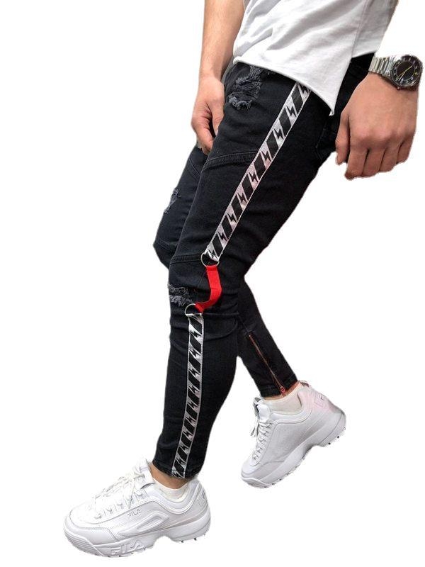 Jeansi pentru bărbați din denim, talie medie, curea împletită, aspect uzat, fermoar la gleznă, croială strânsă