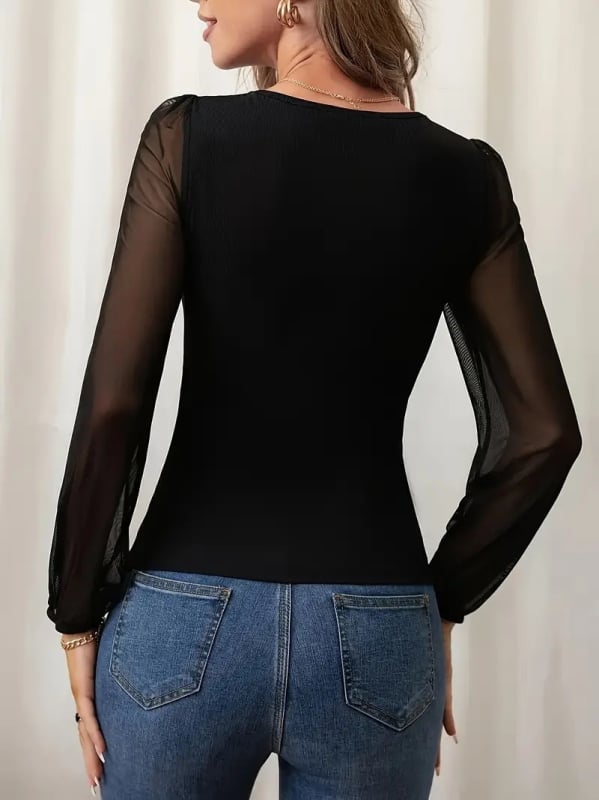 Tricou din plasă cu guler pătrat și mâneci lungi, amestec poliester-spandex, stil pulover, lungime 50-65 cm