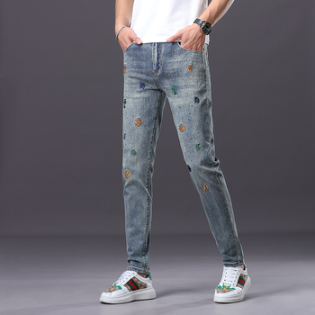 Férfi farmernadrág – Slim-fit, Hímzés, Mosott denim, Középső derék, Pamut