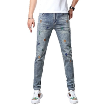 Férfi farmernadrág – Slim-fit, Hímzés, Mosott denim, Középső derék, Pamut