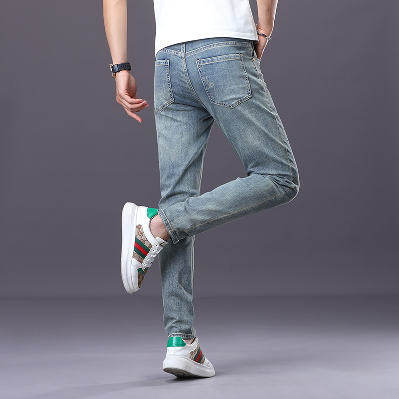 Férfi farmernadrág – Slim-fit, Hímzés, Mosott denim, Középső derék, Pamut