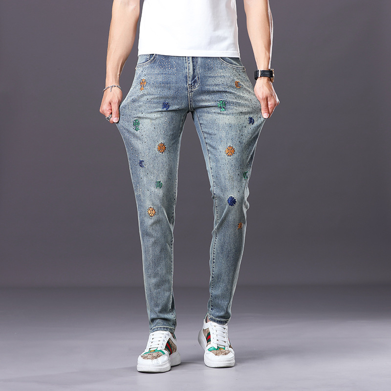 Férfi farmernadrág – Slim-fit, Hímzés, Mosott denim, Középső derék, Pamut