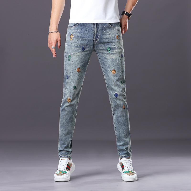 Férfi farmernadrág – Slim-fit, Hímzés, Mosott denim, Középső derék, Pamut