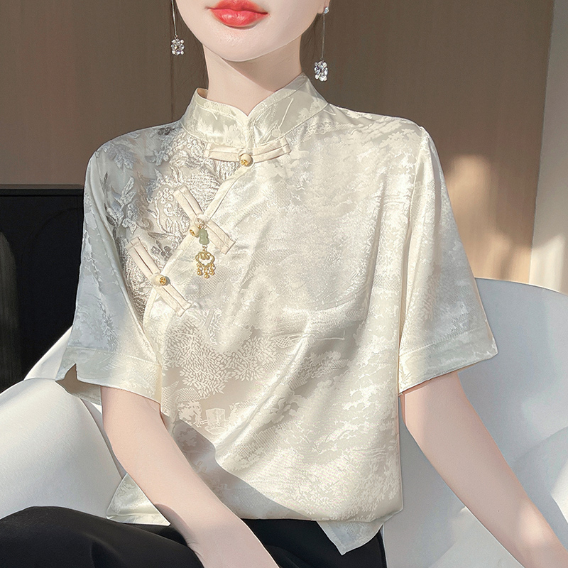 Košul a sa stojećim ovratnikom i kratkim rukavima, šivena, elegantan gradski stil (Materijal: acetatna tkanina; Glavni materijal: jacquard; Sastav 2: regenerirana celulozna vlakna; Ovratnik: stojeći; Rukav: kratki)
