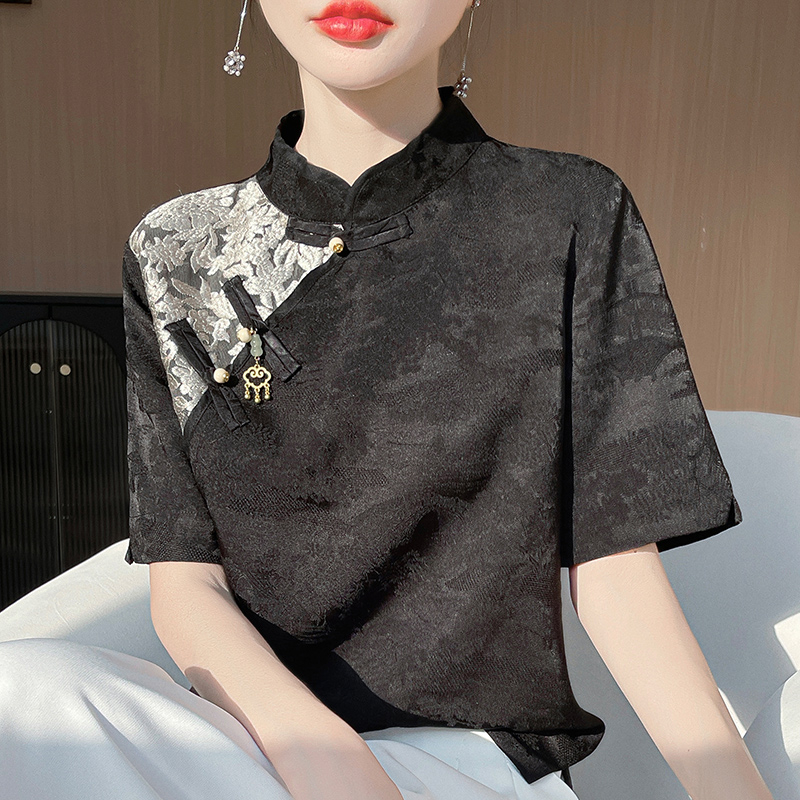 Košul a sa stojećim ovratnikom i kratkim rukavima, šivena, elegantan gradski stil (Materijal: acetatna tkanina; Glavni materijal: jacquard; Sastav 2: regenerirana celulozna vlakna; Ovratnik: stojeći; Rukav: kratki)