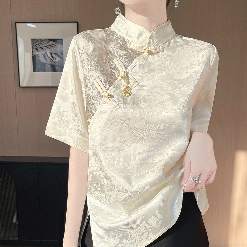 Košul a sa stojećim ovratnikom i kratkim rukavima, šivena, elegantan gradski stil (Materijal: acetatna tkanina; Glavni materijal: jacquard; Sastav 2: regenerirana celulozna vlakna; Ovratnik: stojeći; Rukav: kratki)
