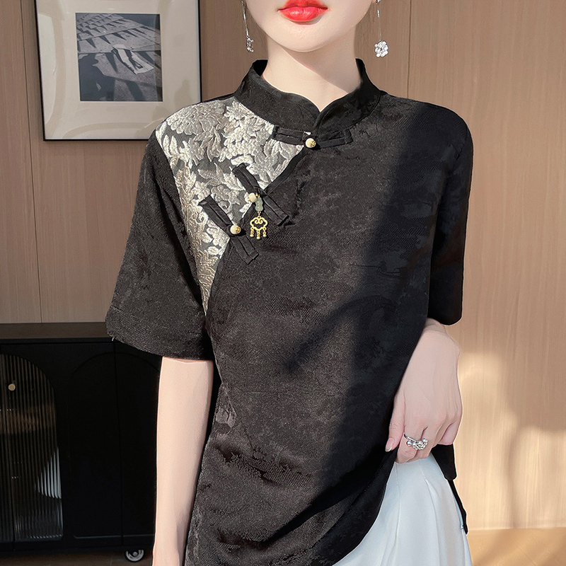 Košul a sa stojećim ovratnikom i kratkim rukavima, šivena, elegantan gradski stil (Materijal: acetatna tkanina; Glavni materijal: jacquard; Sastav 2: regenerirana celulozna vlakna; Ovratnik: stojeći; Rukav: kratki)