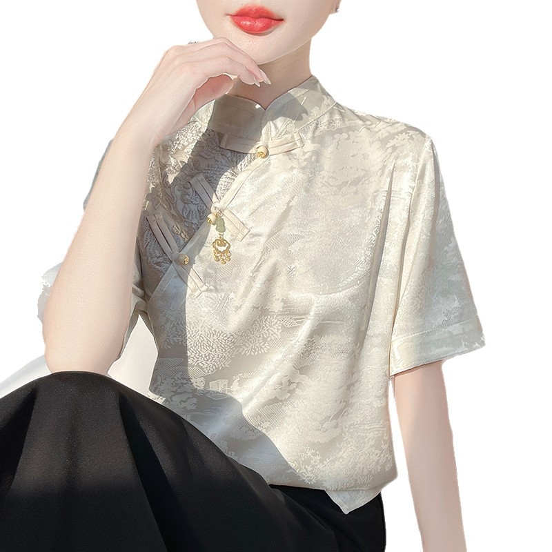 Košul a sa stojećim ovratnikom i kratkim rukavima, šivena, elegantan gradski stil (Materijal: acetatna tkanina; Glavni materijal: jacquard; Sastav 2: regenerirana celulozna vlakna; Ovratnik: stojeći; Rukav: kratki)