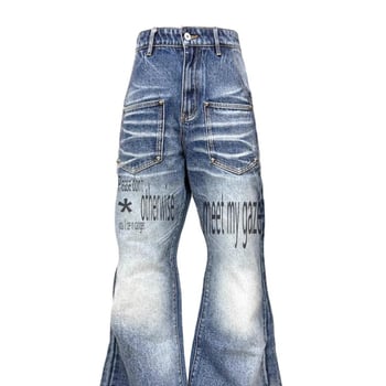 Blugi din denim imprimați și brodați, talie medie, închidere cu nasturi, croială dreaptă, 50% bumbac, all-season casual