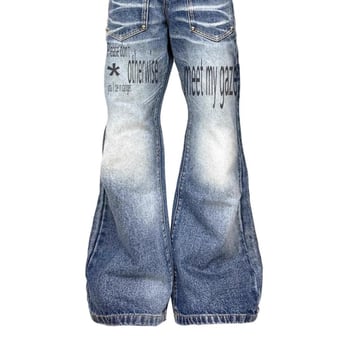 Blugi din denim imprimați și brodați, talie medie, închidere cu nasturi, croială dreaptă, 50% bumbac, all-season casual