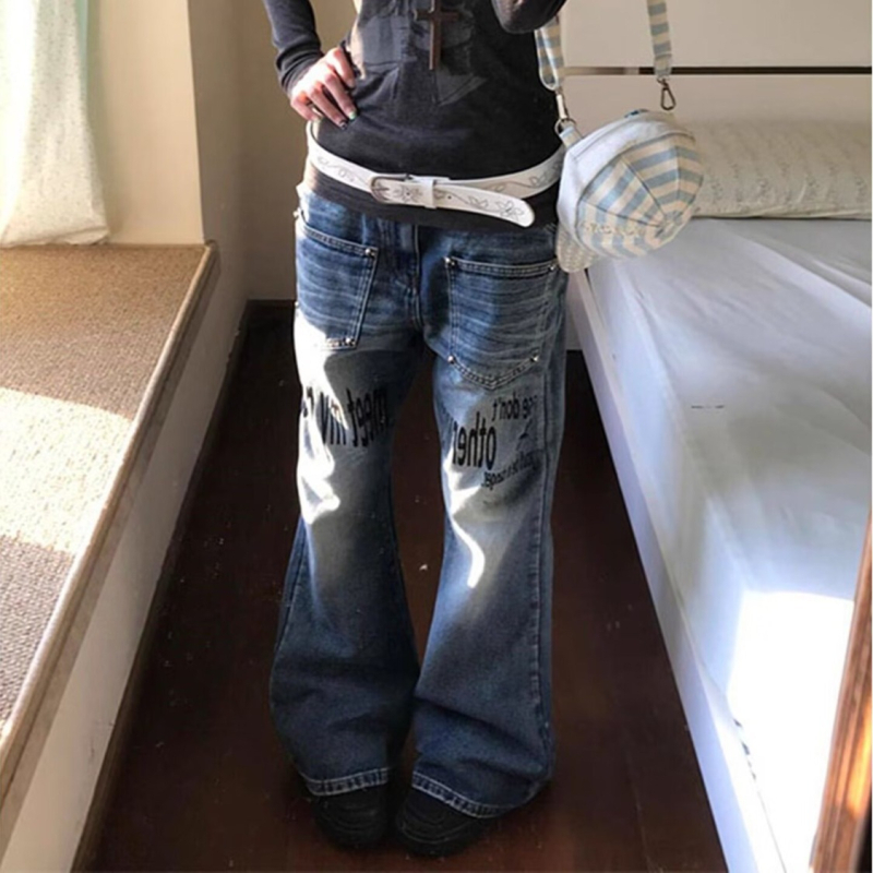 Blugi din denim imprimați și brodați, talie medie, închidere cu nasturi, croială dreaptă, 50% bumbac, all-season casual