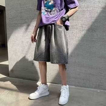 Șorturi denim pentru bărbați, vară, stil european-american, detaliu pictură manuală, talie joasă, închidere cu șnur