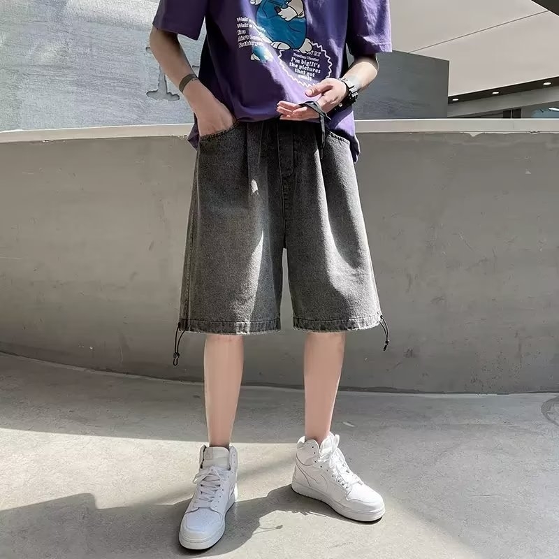 Șorturi denim pentru bărbați, vară, stil european-american, detaliu pictură manuală, talie joasă, închidere cu șnur