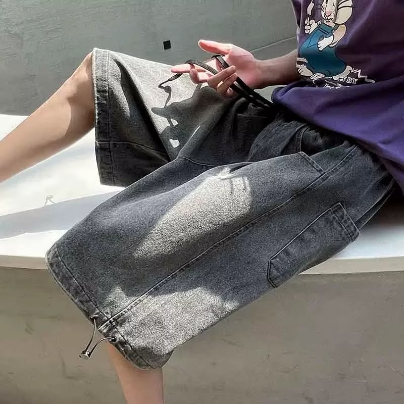 Șorturi denim pentru bărbați, vară, stil european-american, detaliu pictură manuală, talie joasă, închidere cu șnur