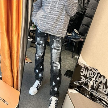 Blugi - croială dreaptă, pictate manual, talie medie, fermoar, 90% poliester