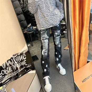 Blugi - croială dreaptă, pictate manual, talie medie, fermoar, 90% poliester