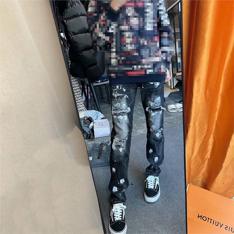 Blugi - croială dreaptă, pictate manual, talie medie, fermoar, 90% poliester