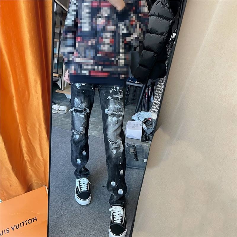 Blugi - croială dreaptă, pictate manual, talie medie, fermoar, 90% poliester