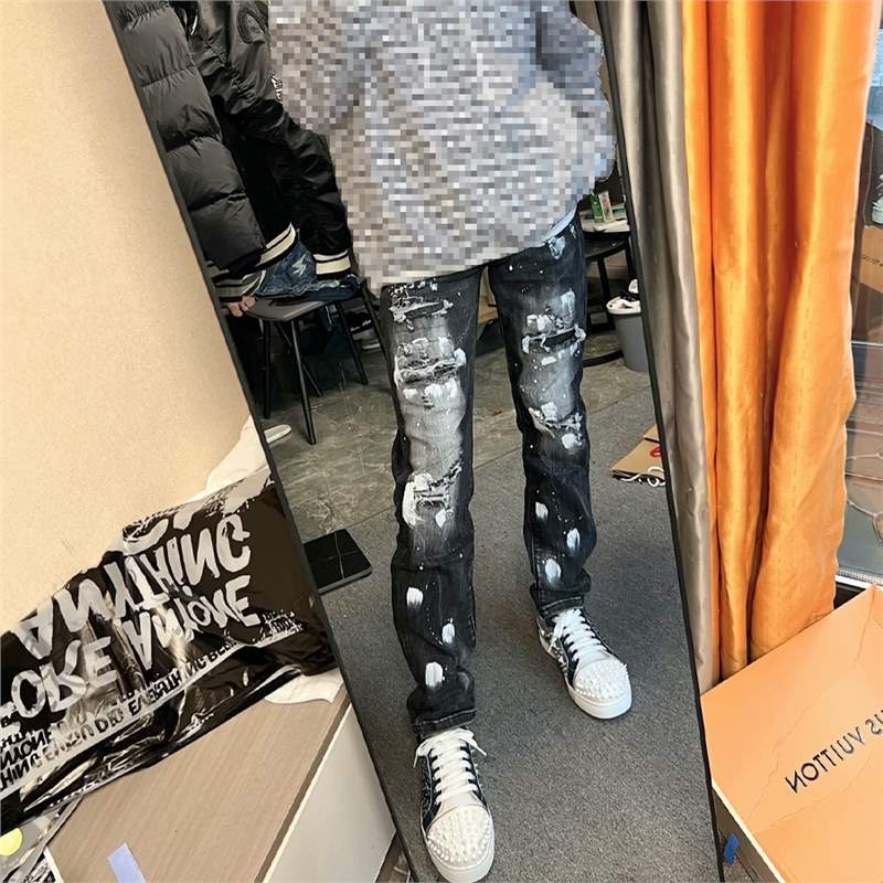 Blugi - croială dreaptă, pictate manual, talie medie, fermoar, 90% poliester