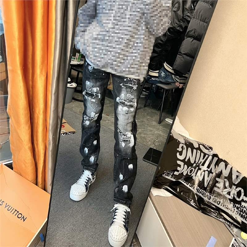 Blugi - croială dreaptă, pictate manual, talie medie, fermoar, 90% poliester