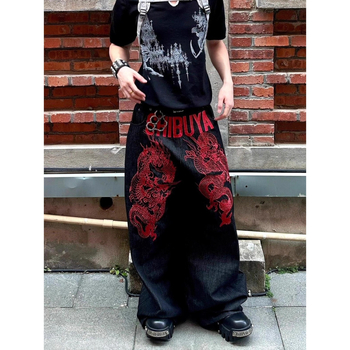 Jeansi cu broderie dragon și motiv sabie, croială largă, talie medie, nasturi pentru închidere, țesătură din denim de bumbac