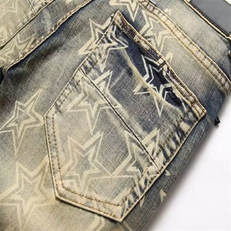 Jeanși din denim cu imprimeu vintage, elastici, croială Slim, drepti, talie înaltă