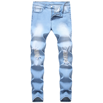 Jeans bărbați, slim fit, distressed, denim casual, talie medie, fermoar, 95% bumbac