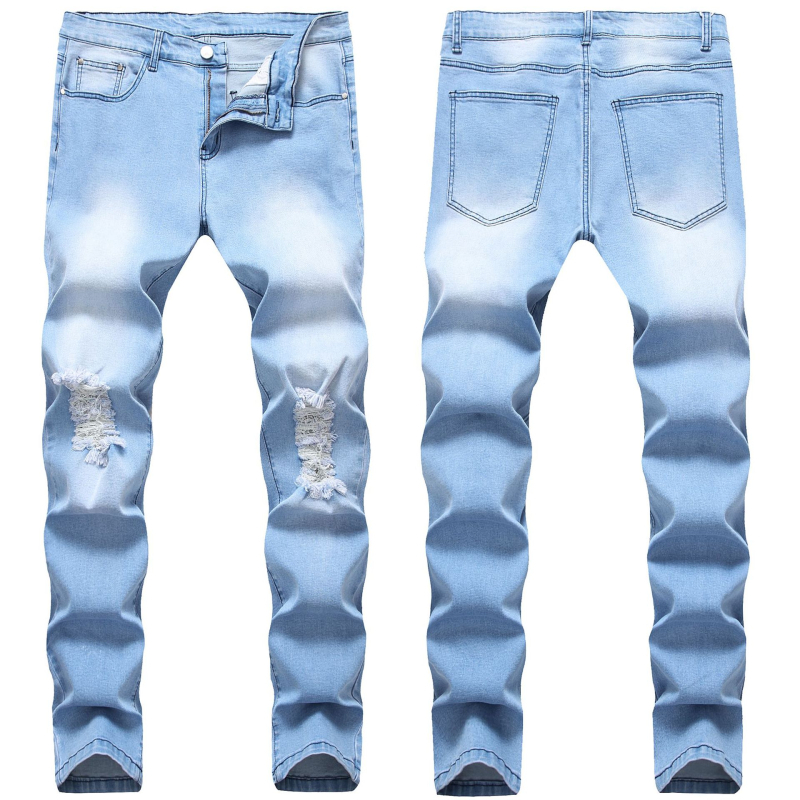 Jeans bărbați, slim fit, distressed, denim casual, talie medie, fermoar, 95% bumbac