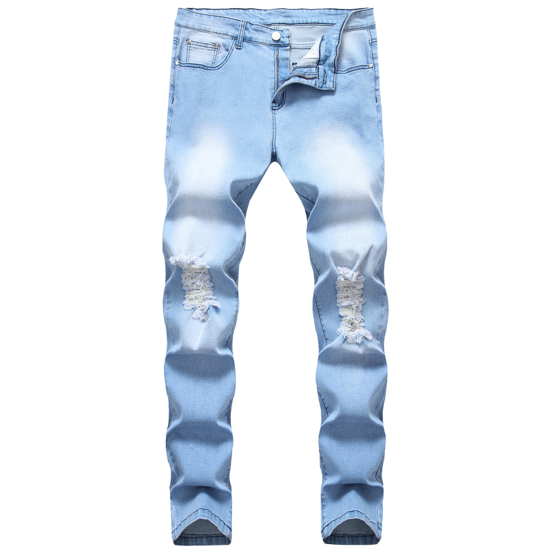 Jeans bărbați, slim fit, distressed, denim casual, talie medie, fermoar, 95% bumbac