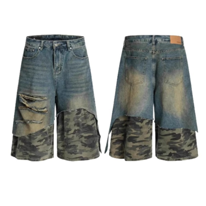 Džins šorts s camouflage patchworkom, skraćeni kroj, visoki pojas, zatvarač, 69% pamuk