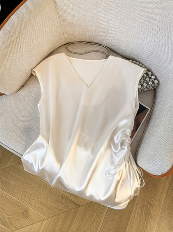 Francuska kajsijina satenska bluza za žene s vezanjem u struku, kratki rukavi, ljeto 2025, elegantna i svestrana