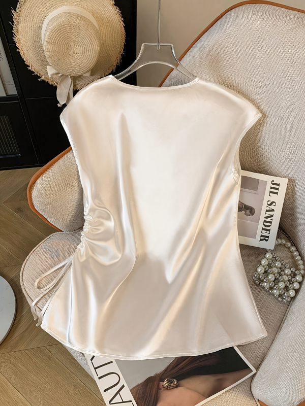 Francuska kajsijina satenska bluza za žene s vezanjem u struku, kratki rukavi, ljeto 2025, elegantna i svestrana