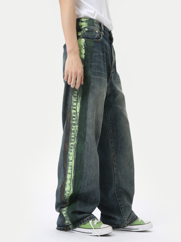 Džinsi s dizajnom bočnog grafita, širokog kroja, srednji struk, pamuk denim, ljeto 2024, gradski stil