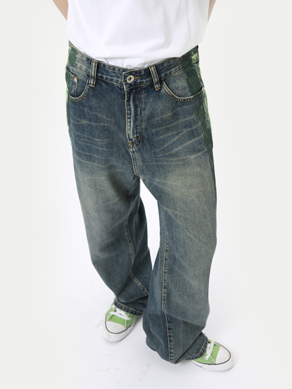 Džinsi s dizajnom bočnog grafita, širokog kroja, srednji struk, pamuk denim, ljeto 2024, gradski stil